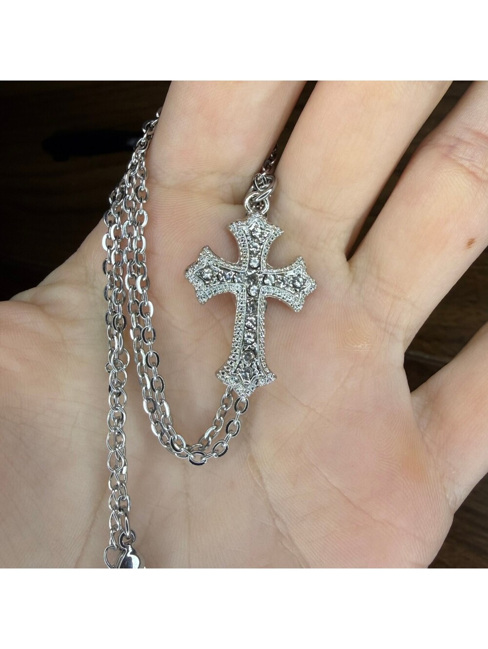 Rhinestone Cross Silver Necklace A-27